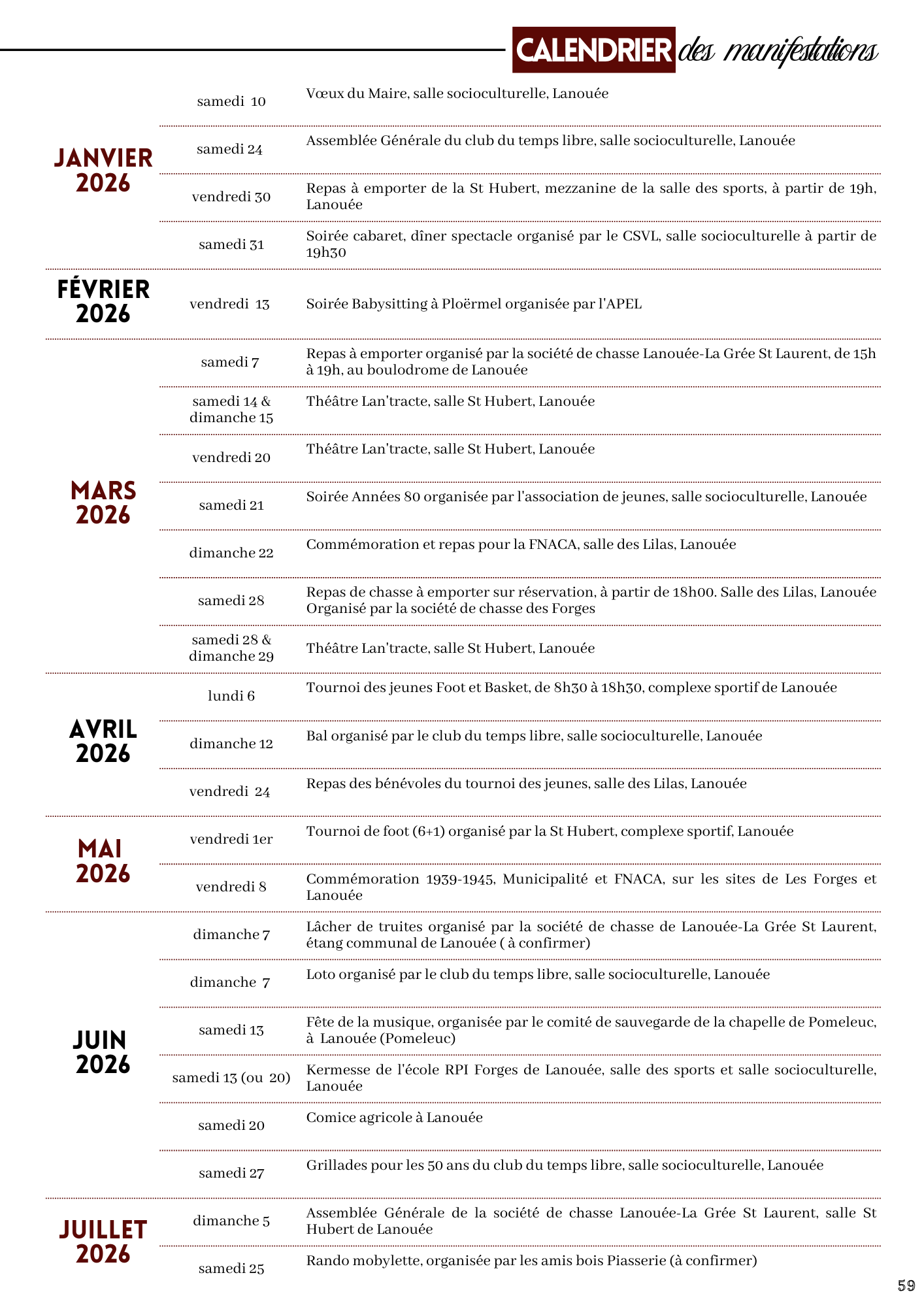 CALENDRIER DES MANIFESTATIONS