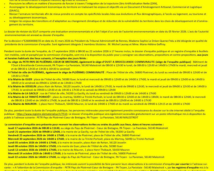 Enquête publique : Révision du SCoT du Pays de Ploërmel – Cœur de Bretagne